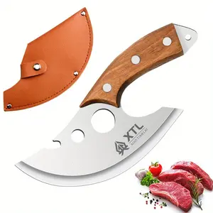 Outdoor Camping Multi-functional Knife with Leather Sheath, Household Kitchen Stainless Steel Knife with Wooden Handle. Great Cooking Helper