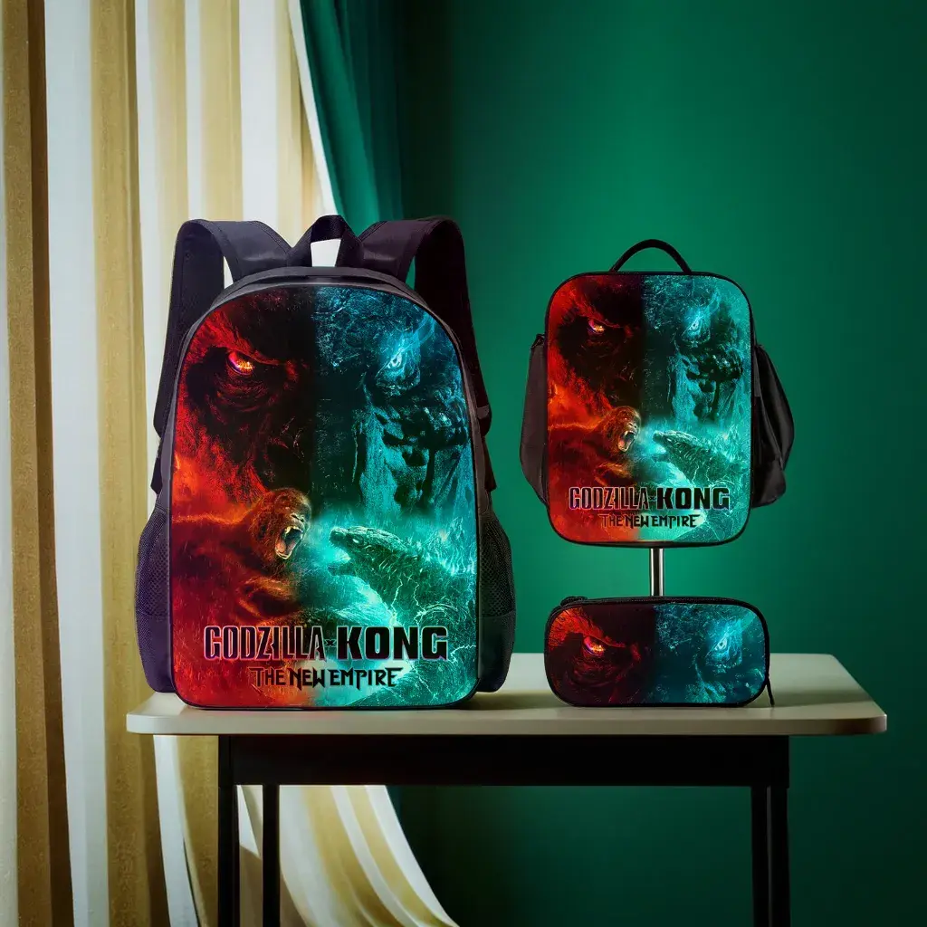 Godzilla Backpack Set, 3pcs Dinosaur Backpack, Schoolbag 3 Piece Set, Cartoon Teens Backpack