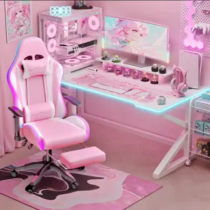 【Sweet!!】Mr IRONSTONE Gaming Chair with Speakers and Led Lights Ergonomic Massage Computer Gaming Chair with Broaden Cusion and Footrest High Back Video Game Chair for Adults Kids Boyfriend Father's Gift, Blue Black and Pink