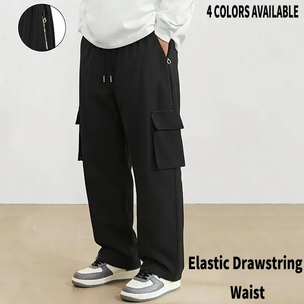 Men’s loose straight-leg cargo pants, casual work pants with elastic drawstring waist and multiple pockets, streetwear trousers for all seasons