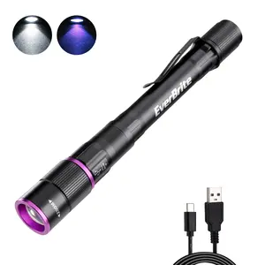 #JumpstartSale EverBrite Rechargeable Pen Flashlight with UV Light and White Light, 395nm Black Flashlight with Clip, Zoomable 4 Modes with Memory Function, USB C Cable, for Camping, Emergency, Pet Urine Detection