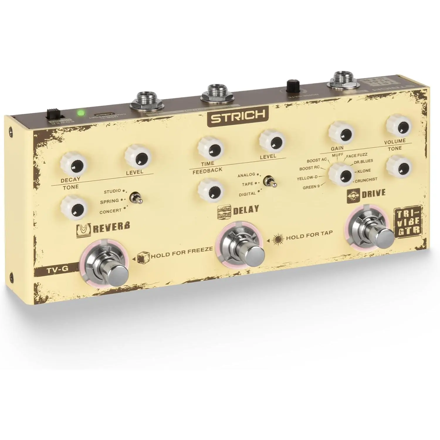 STRICH TV-G Triple Vibe 3-in-1 Multi Effects Guitar Pedal, 9 Overdrive 3 Reverb 3 Delay, Vintage, TAP Tempo Reverb Freeze Stereo Noise Reduction Portable Guitar Effects Pedal