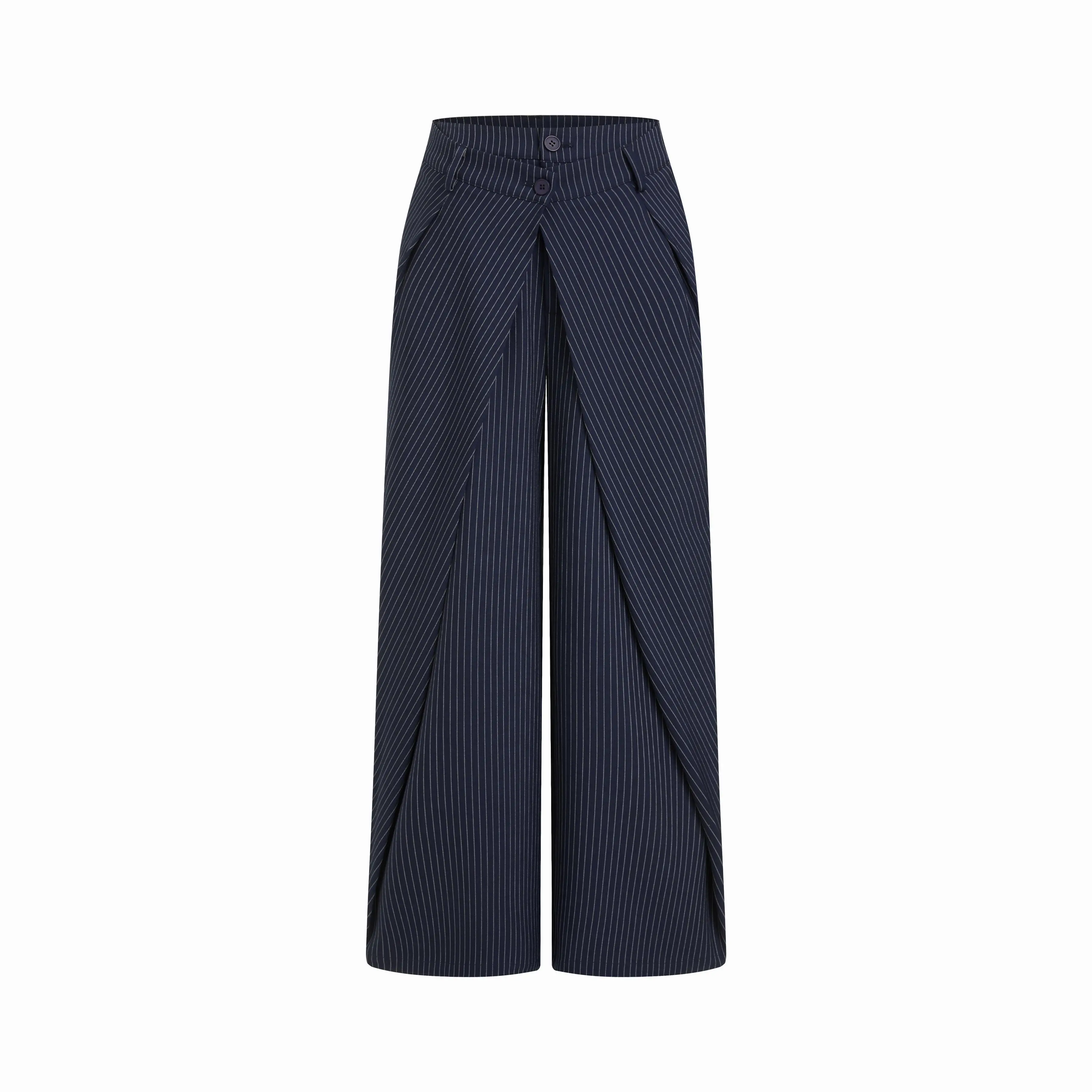 Cider Women's Pinstripe Pleated Leg Pants - Casual Low-Waist Straight Leg Elastane Cotton Blend Bottoms with Recycled Polyester, Non-Stretch for Business Office Work