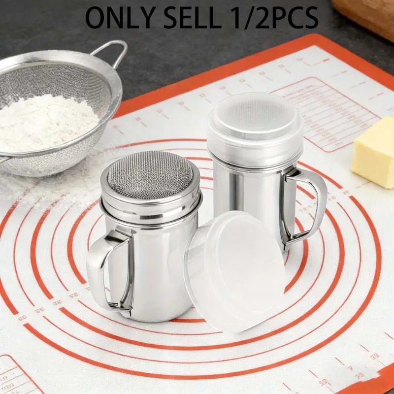 1pc/2pcs 7oz Stainless Steel Powdered Sugar Shaker, Easy-Grip Handle Sifter for Home Kitchen, Kitchenware