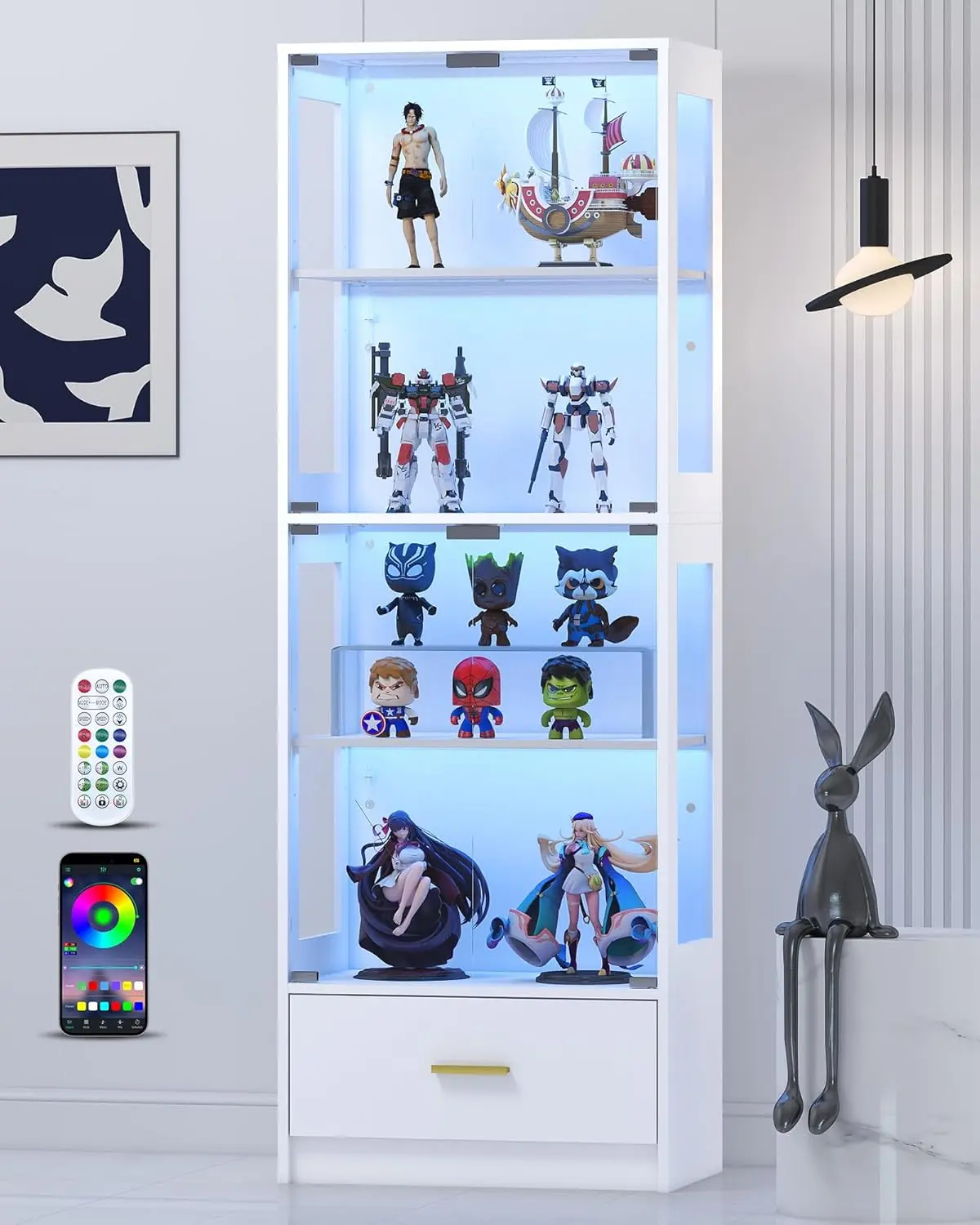 67" Display Cabinet with Glass Doors, Curio Cabinet with RGB LED Lights & Drawer, 4-Tier Glass Display Case for Collectibles, Living Room, Office
