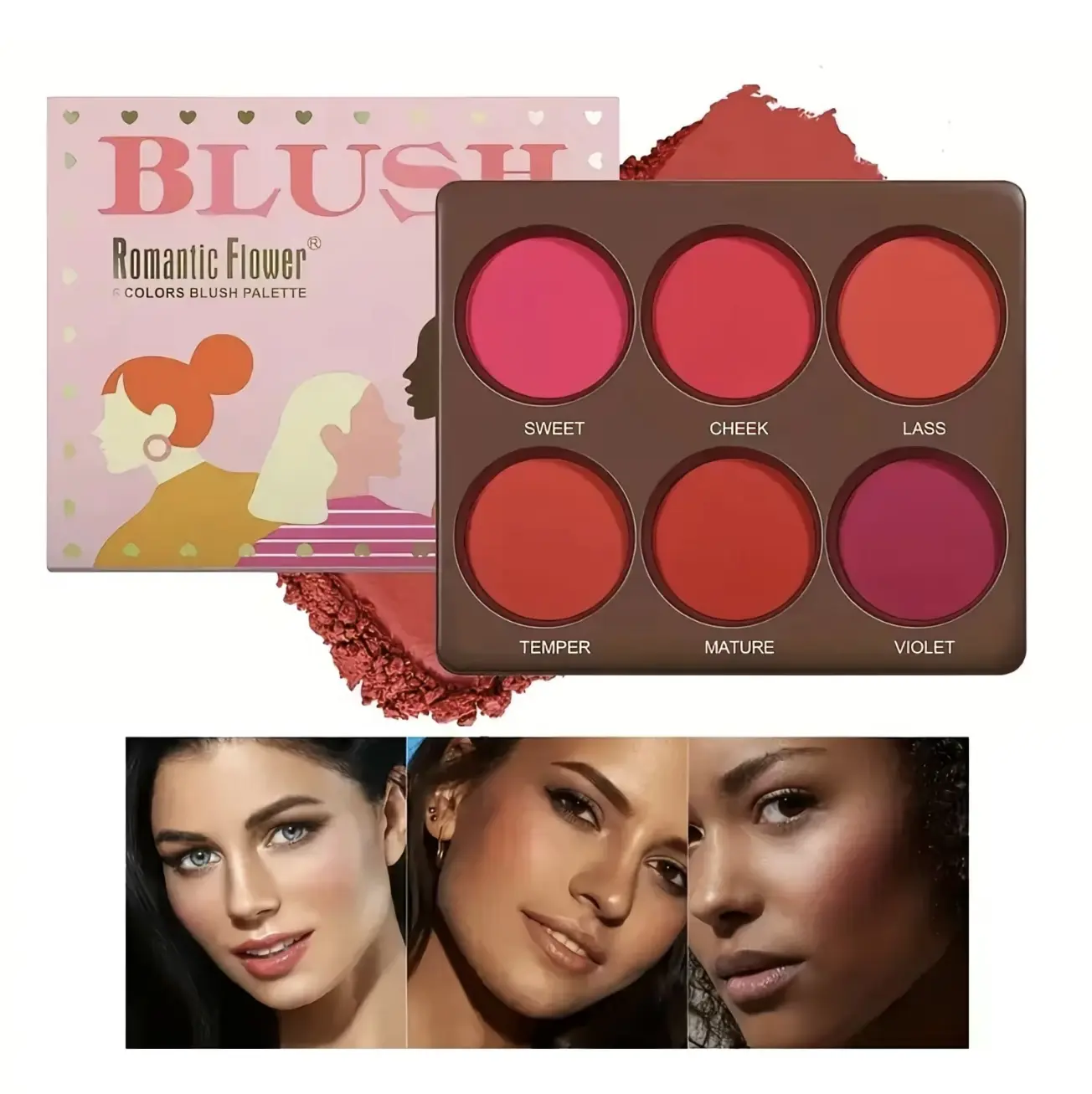 Women's 3PCS 6-Color Blush Palette - Long-Lasting Matte Waterproof Peach Rose Blush, All Skin Types Natural Face Cosmetics Accessory