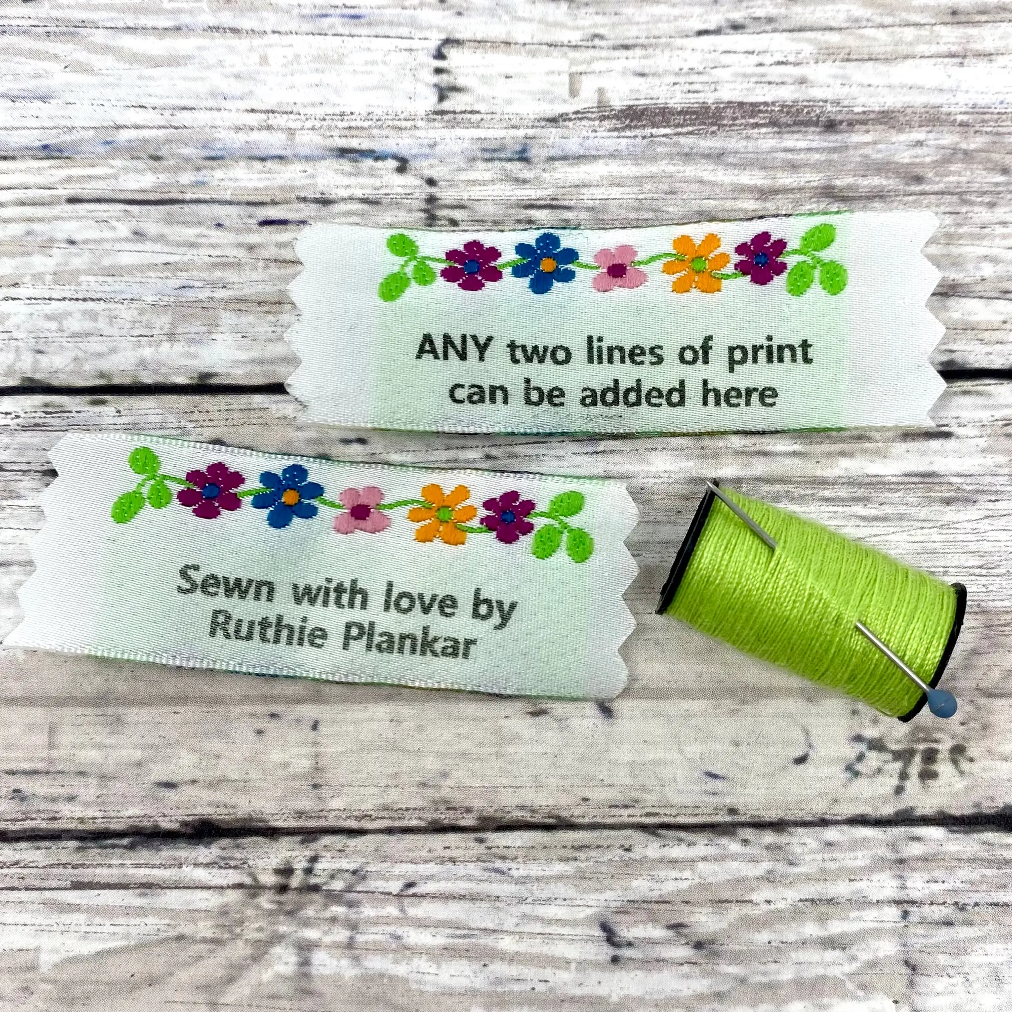 Name Maker Floral Woven fabric labels for sewing knitting crocheting and quilting