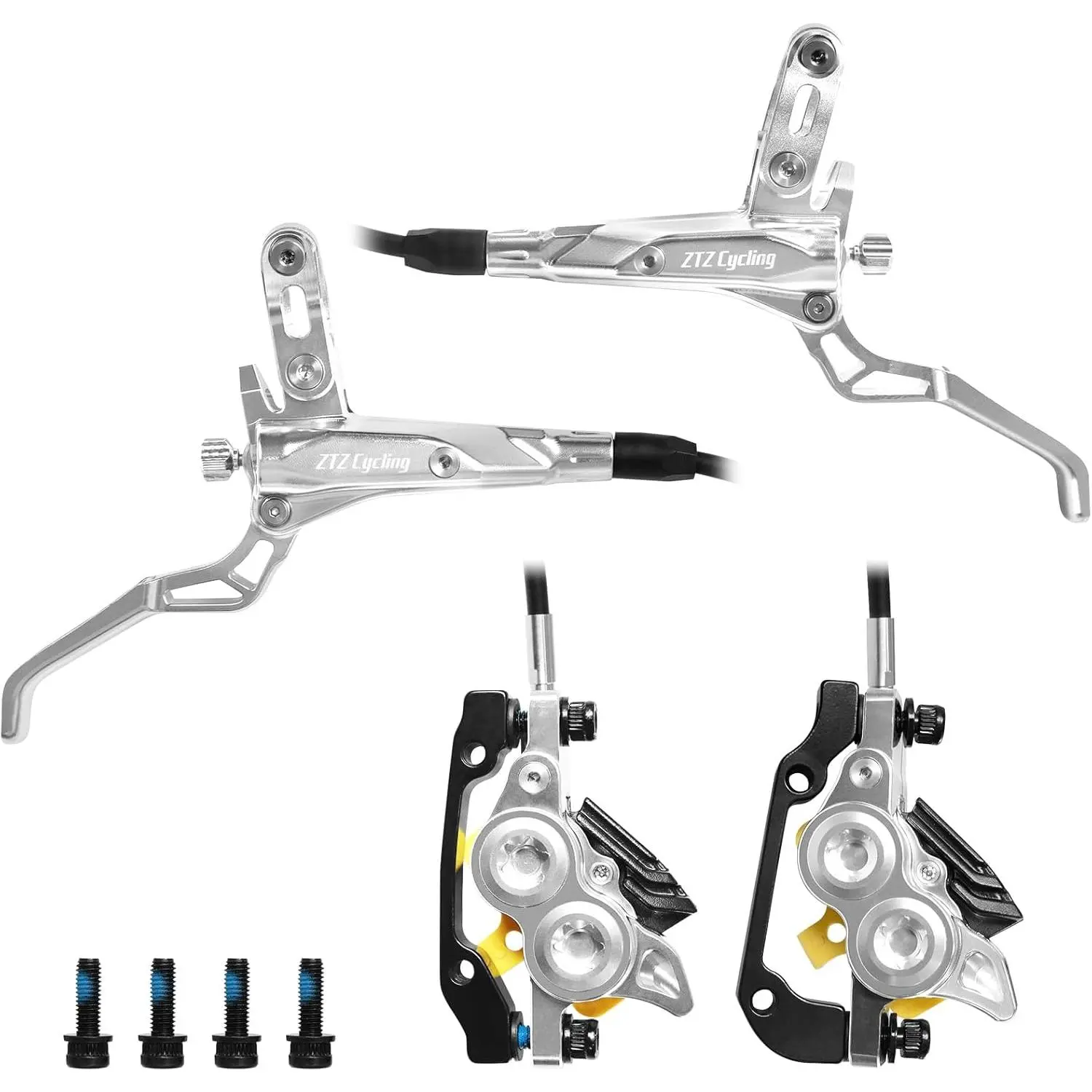 ZTZ 4-Piston Hydraulic Disc Brake Set for Fat Tire Bikes & E-Bikes, Pre-Bled Complete Kit with Ceramic Pads, Adjustable Brake Lever, Front 850mm/Rear 1550mm Hoses, Hydraulic Brakes, Pre-Bled Kit