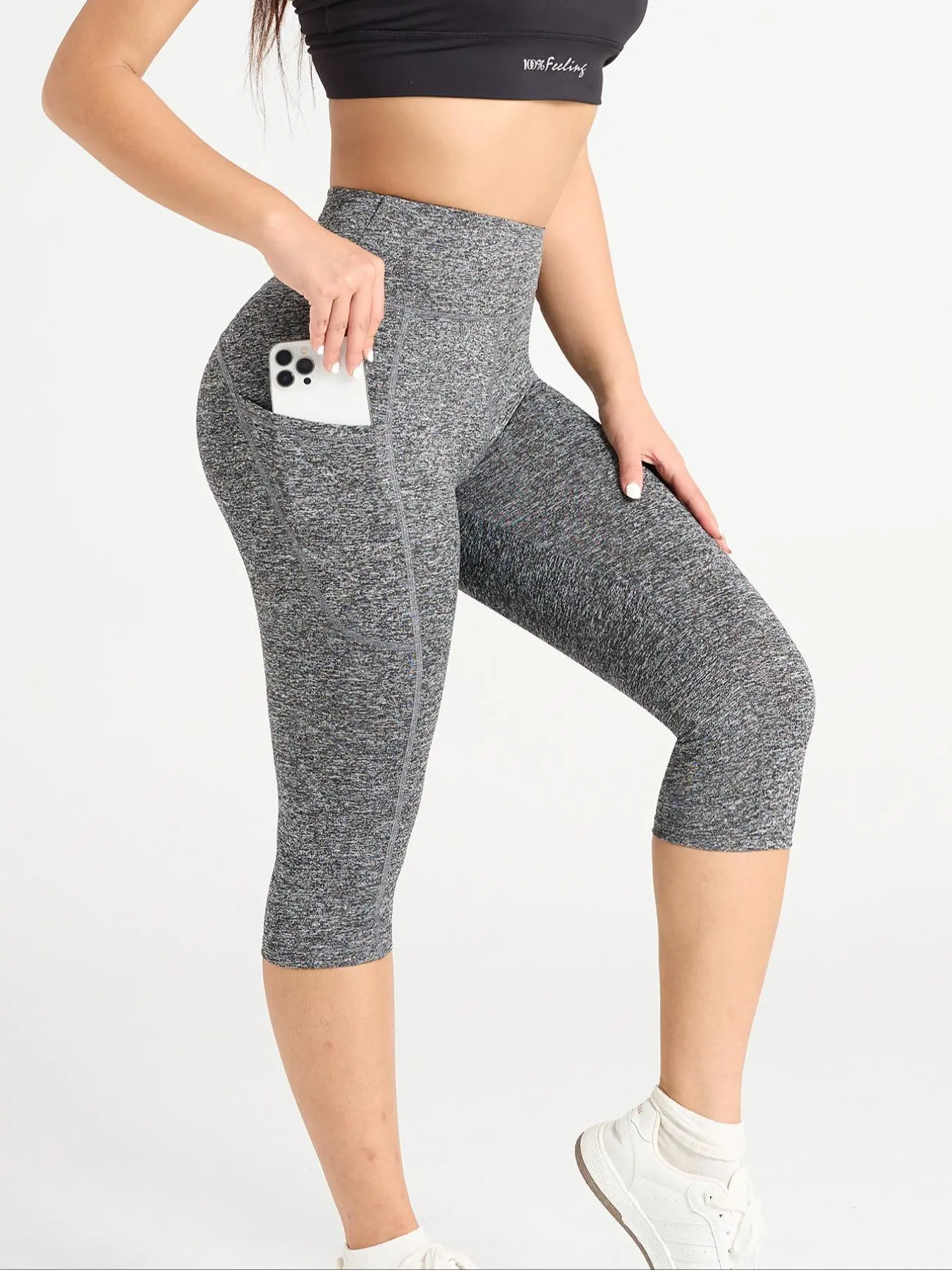 Women's Solid High Waist Sports Capri Leggings, Fitness Leggings, Casual Comfy Breathable Skinny Pants for Yoga Gym Workout Running, Ladies Sportswear for Summer, Athletic Bottoms, Breathable Sporty Bottoms, Women Workout Clothes