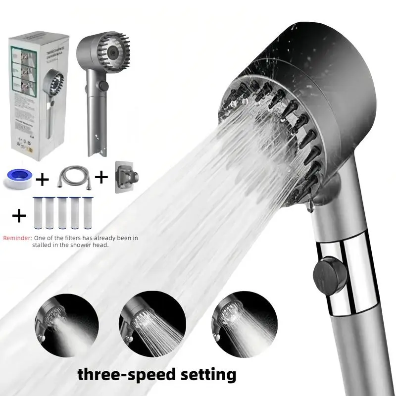 [Summerwins]9-Piece Shower Head Set, 3-Speed Adjustable Portable Bathroom Massage Shower Head, 1-Click Water Stop, Stainless Steel Panel, Universal Interface, Hose Holder, Filter Element Included
