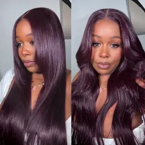 Unice Glueless Black Cherry Layered Straight Wig with Drawstring Pre Cut 7x5 HD Lace Closure Human Hair Wigs with Invisible Knots Beginners Friendly Natural Scalp