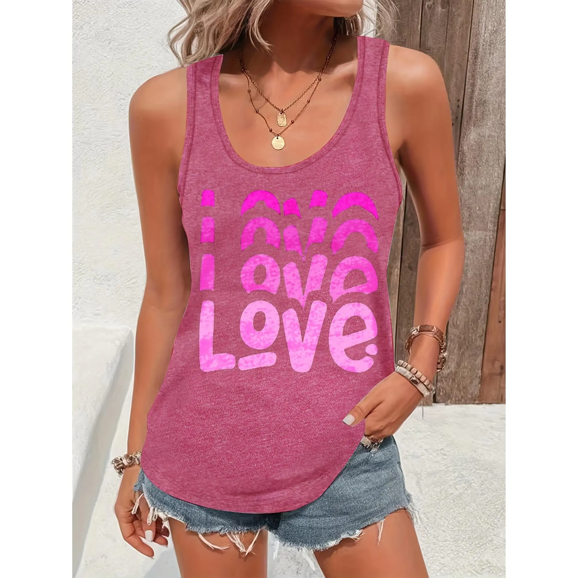Women's Pink Gradient LOVE Print Sleeveless Top - Valentine's Day Romantic Summer Blouse, Casual Crew Neck Vest, Machine Washable Gift for Family & Friends (2026 New Style)