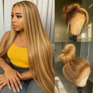 P4/27 Highlight Bone Straight Human Hair 13x4 HD Transparent Lace Frontal Wigs Human Hair Brazilian Pre Plucked With Baby Hair Highlight 4 27 Colored 180% Density Human Hair Wigs For Women