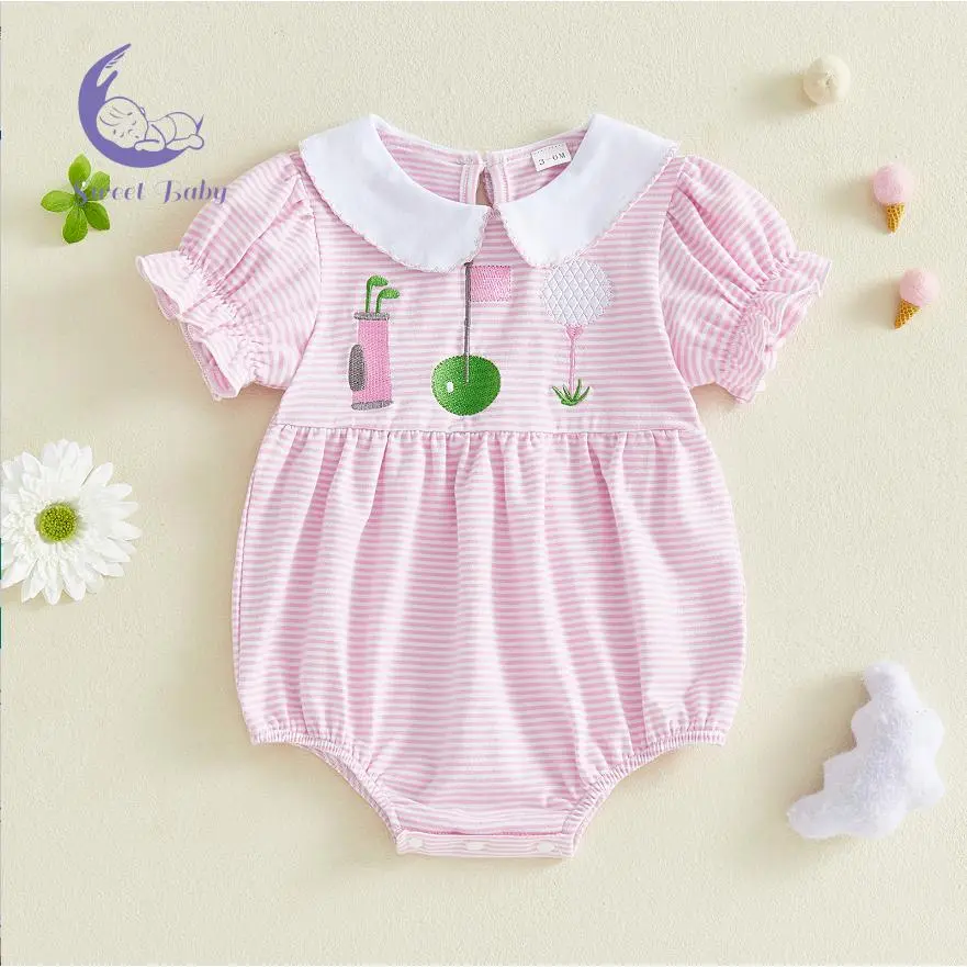 Baby Girls' Embroidered Striped Short-Sleeve Doll Collar Romper, Newborn Outfits, Summer Infant Bodysuit