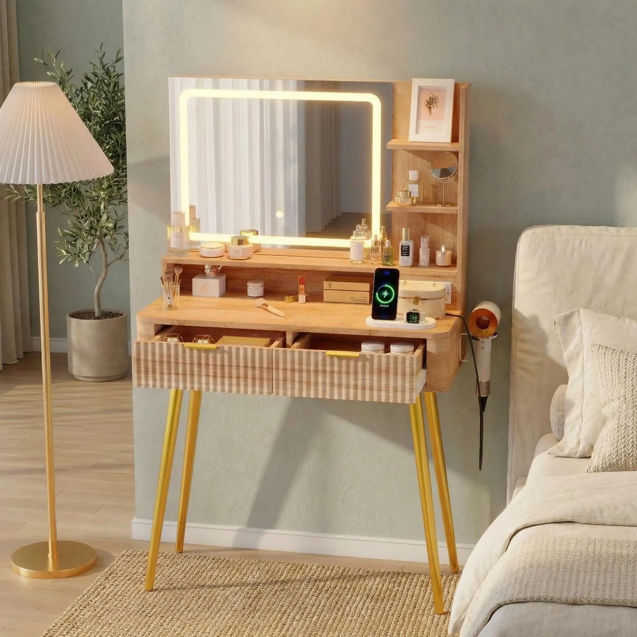 Garvee Makeup Vanity with LED Light - Natural Finish Beauty Organization Desk, 3-Colour Lighted Mirror, 2 Drawers, 4 Open Shelves, Hair Dryer Holder, Metal Legs, Built-in Plug & USB, 80x35x132cm