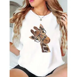 Women's Cute Giraffe With Glasses Print White T-Shirt Casual Daily Funny Animal Graphic Tee 100% Cotton T-shirt