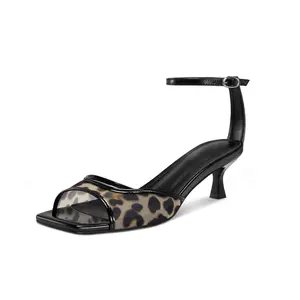 Womens Leopard Print Mesh Kitten Heels Sandals Square Toe Low Heels Ankle Buckle Strap Comfort Summer Dress Shoes for Casual & Formal Occasions - Footwear, Girl