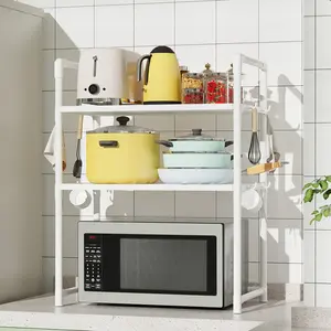 Multi-Functional Kitchen Storage Rack, Microwave Heightened Organizer, Thick Plastic Shelf for Spices & Dishes, Dual-Layer Design, Practical Hooks