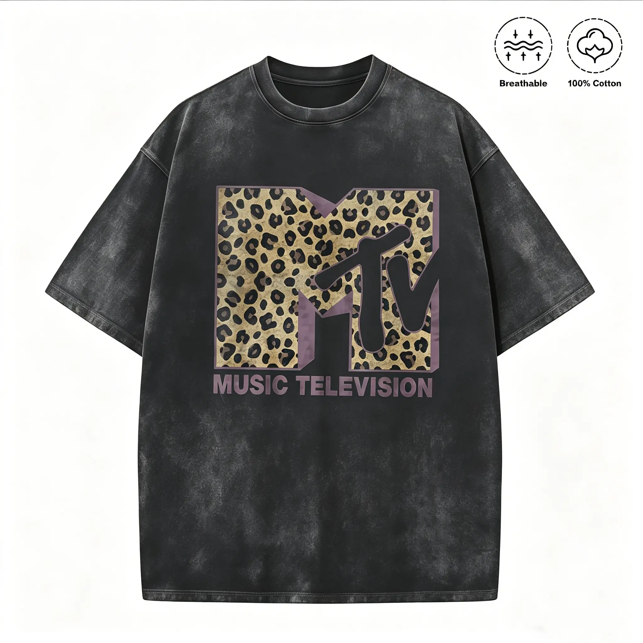 MTV Leopard Print Logo Graphic T-Shirt, Vintage Washed 100% Cotton Oversized Crew Neck Short Sleeve Tee for Men Women, Retro 80s 90s Music Television Casual Streetwear, Breathable Summer Top,funny graphic tee, men’s trendy t-shirts,
