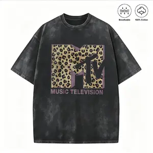 MTV Leopard Print Logo Graphic T-Shirt, Vintage Washed 100% Cotton Oversized Crew Neck Short Sleeve Tee for Men Women, Retro 80s 90s Music Television Casual Streetwear, Breathable Summer Top,funny graphic tee, men’s trendy t-shirts,