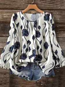 Women's Vintage Floral & Geometric Print Long Sleeve Satin Chiffon Blouse, Boho Casual Loose Fit Crew Neck Top with Puff Sleeves, Spring & Summer Casual Shirt for Daily & Vacation, Womenswear, Lotus