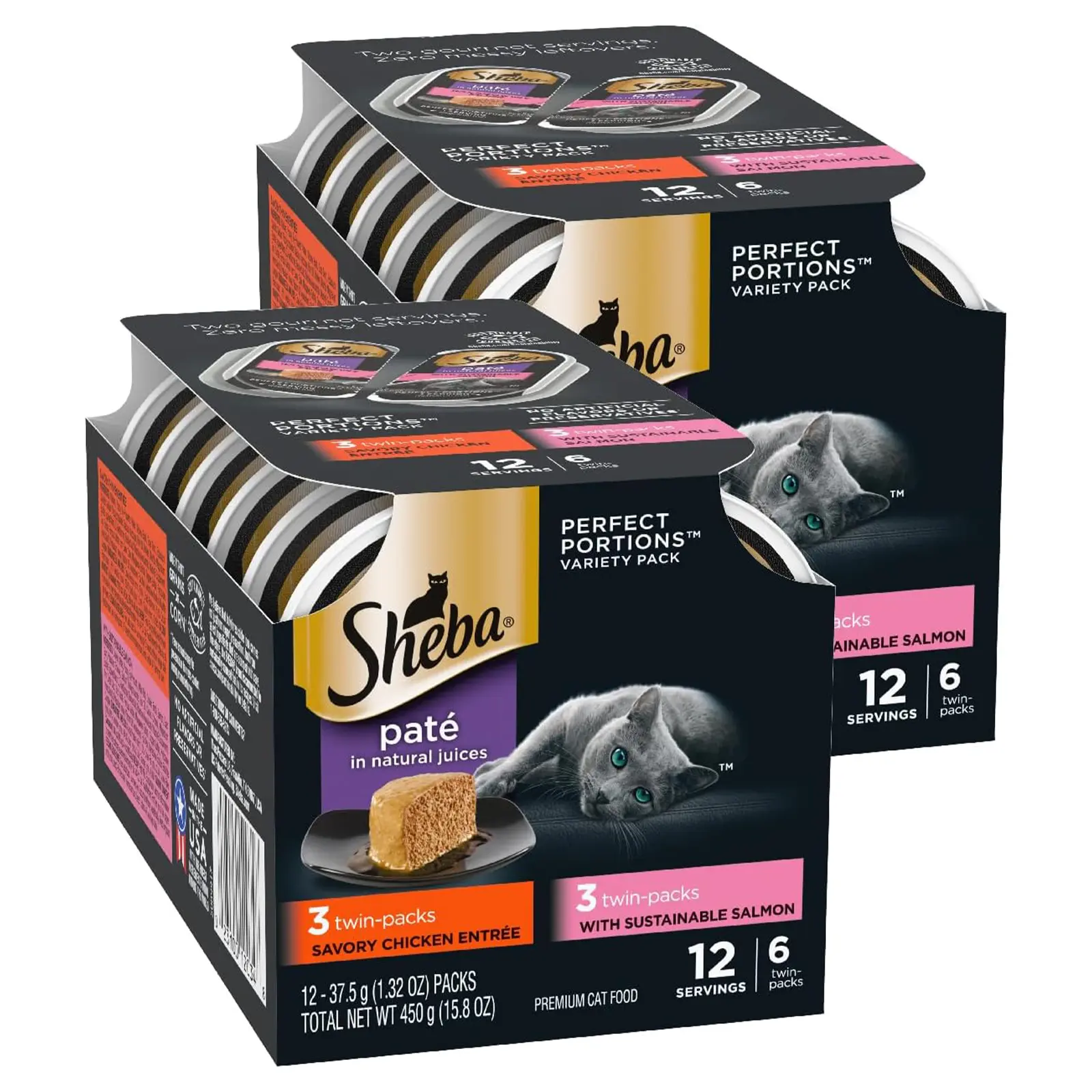 Sheba Perfect Portions Pate Wet Cat Food, Multipack, 2.6 oz, 6 ct, 2pk Grain-free, Chicken & Sustainable Salmon, no fillers, no artificial flavors, made in USA, real meat, twin-pack trays