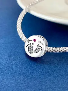 New Original Silver Plated Decoration DIY Beaded Round Mother-child Love Footprints Warm Embrace Kind Grandmother Happy Family Warm Maternal Love Beaded Family Mother's Day DIY Jewelry Warm Model Suitable for Family Reunion Special Chioce Gift