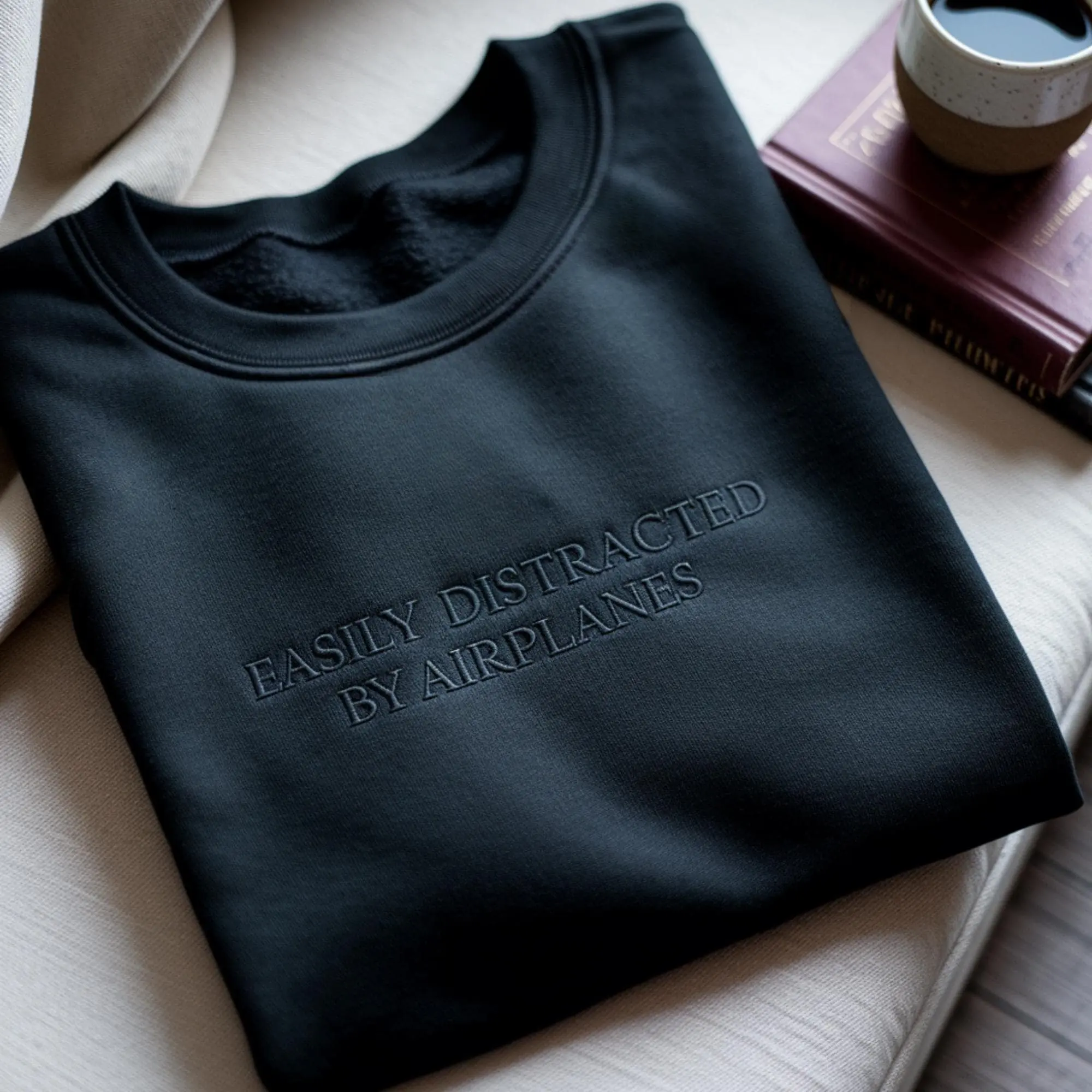 Embroidered Easily Distracted by Airplanes Sweatshirt T-Shirt Hoodie, Funny Aviation Crewneck, Pilot Plane Lover Gift, Travel Humor Pullover