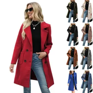 SCUSTY Women Winter Wool Blend Camel Mid-Long Coat Notch Double-Breasted Lapel Jacket Outwear