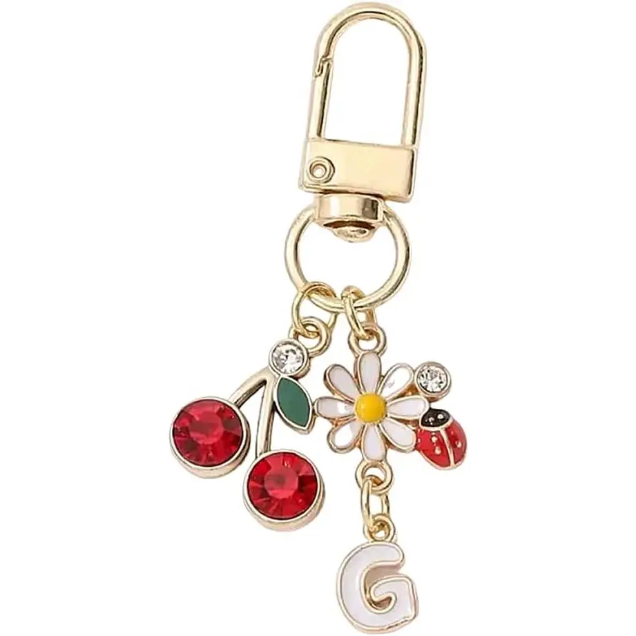 xuzhiyuan A - Z Initial Keychain with Cherry & Daisy Charms Personalized Bag Pendant, Cute Letter Key Ring for Women！