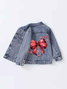 Girls' Bow Heart Butterfly Denim Jacket, Sweet Valentine's Day Top, Casual Loose-Fitting Jean Coat, All Seasons, Ages 8 and Below