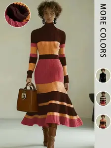 Elegant Women's Colorblock Knit Dress, High Neck Long Sleeve Mermaid Dress, Worn Alone or Layered, Fashion Fall & Winter Clothes