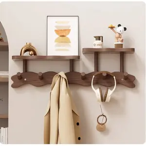 Wooden Wall Mounted Clothes Hanger with Hooks, Wall Mount Design, 1 Count Space Saving Multi-Functional Storage Rack, Home Organizer for Bedroom, Living Room, Entryway, Decor