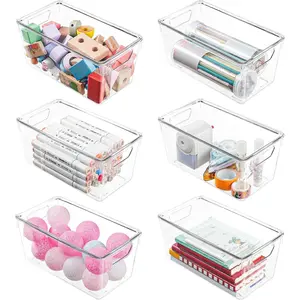 6 Pack Small Clear Storage Bins with Lids, Acrylic Arts and Craft Storage Containers, Stackable Clear Plastic Craft Storage Bins with Handles for Pantry Organizers and Storage, Kitchen, Fridge, Office