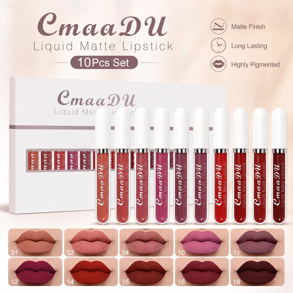 10-Piece Matte Lipstick Multi-Pack, Waterproof and Long-Lasting Cosmetic Lip Gloss, Non-Sticky Makeup Kit for Beginners Lip Products Grunge Lip Kit