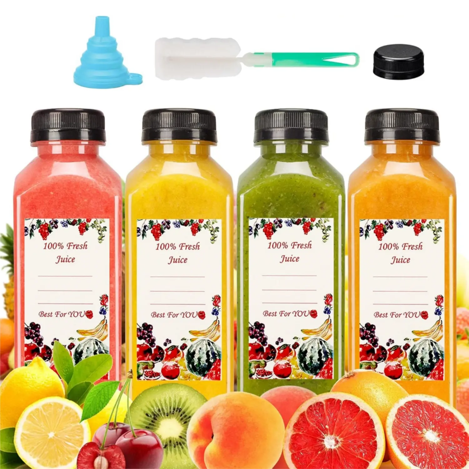 20-Pack 16oz Food-Grade Refillable Plastic Bottles - Durable Tamper-Proof Anti-Drip Cap, Label-Ready Labels, Compact Funnel & Brush Included - Kitchen Drink Containers for Juicing, Picnic