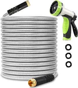 Flexible Metal Garden Hose 25ft-Heavy Duty Water Hose with Durable 304 Stainless Steel and 10 Way Spray Nozzle- 3/4'' Solid Brass Fitting-Outdoor Yard No Kink Lightweight Short Hose Pipe