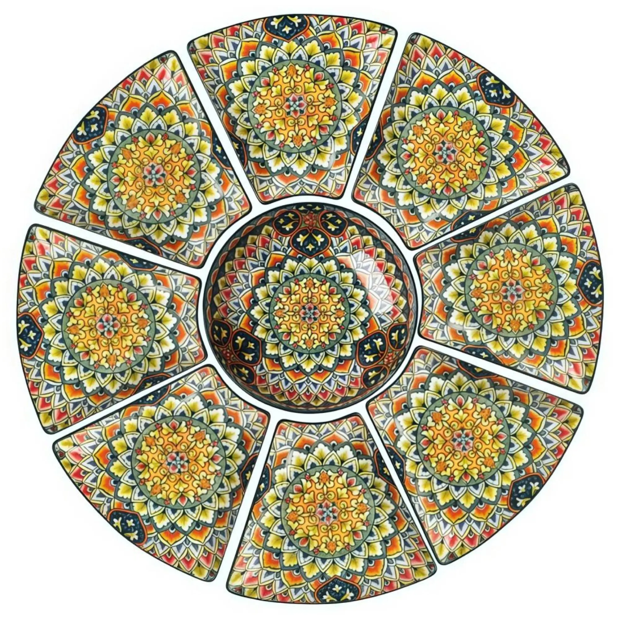 9 Pieces Boho Ceramic Tableware Kit - Colorful Casual Dinnerware Set, Porcelain Plate Set for Family, Microwave-Safe, Dishwasher-Safe, Scratch-Resistant, Dinnerware Sets