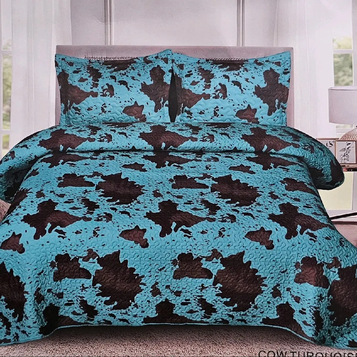 Turquoise Cowhide southwest KING QUILT  3 pcs  set Microfiber Bedding Set