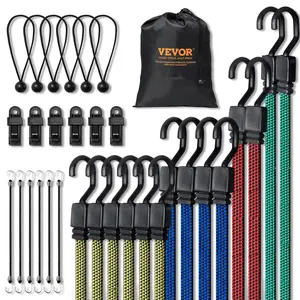 Father's Day Gift VEVOR 32 Piece Flat Bungee Cord Set, 17 mm Heavy Duty Bungee Straps with A3 Steel J-Hooks, Includes 10", 18", 24", 32", 40", Bungee Rope with Portable Storage Bag, 6 Clips & Canopy Ties