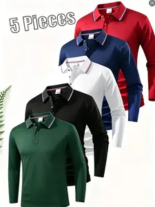 Men's Long Sleeve Polo Shirts Set of 5, Fitted Tie Dye Pattern, Organic Textile, No Ca Prop 65 Warning, Casual Wear, Golf Shirt