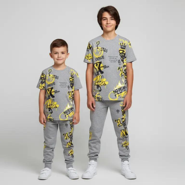 Boys Bold Teddy Bear Graphic Tracksuit - Street Graffiti Tee & Jogger Sweatpants Set in Black for Everyday Wear