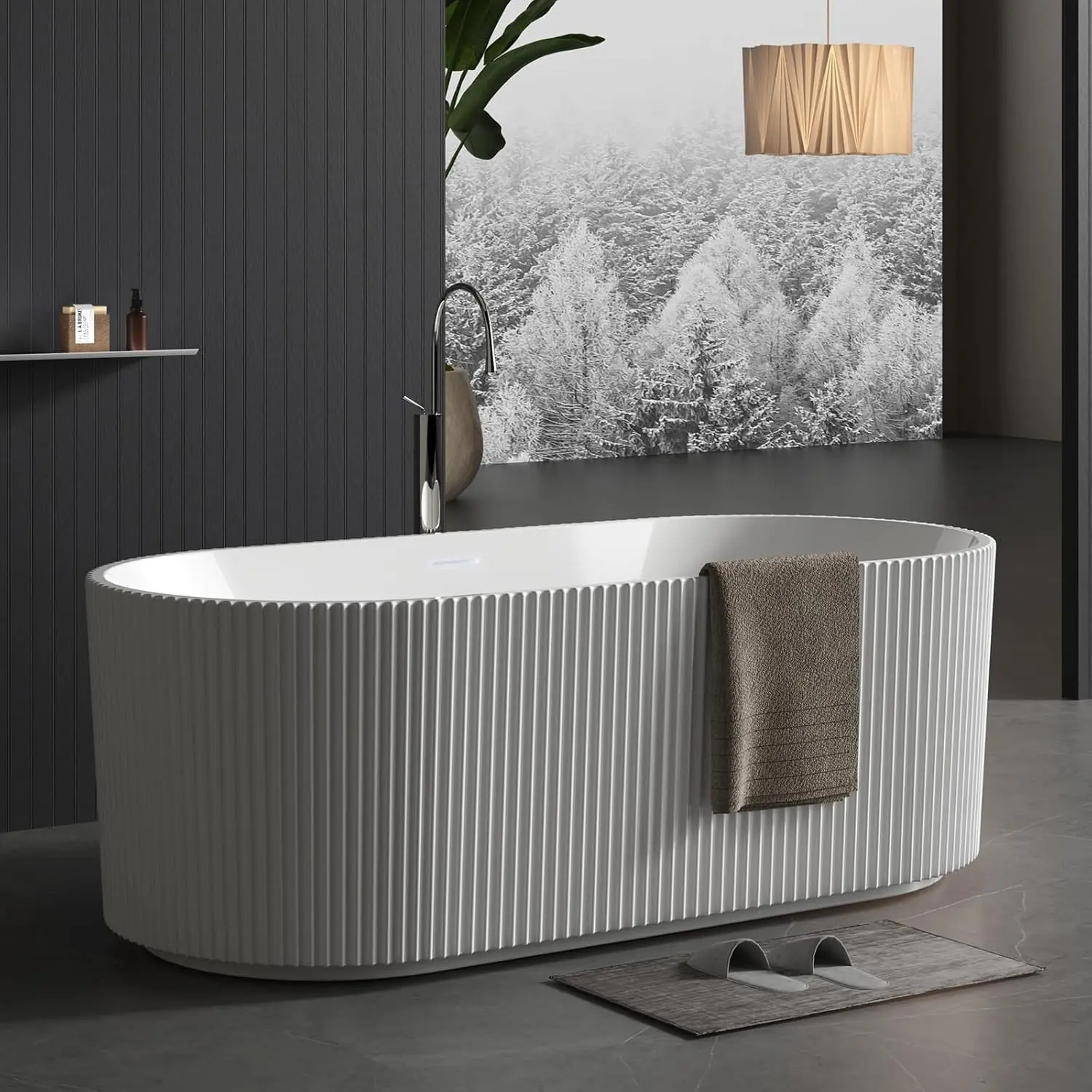 Garvee Acrylic Freestanding Bathtub with Deep Soaking Capacity, Textured Stripes, Solid Surface, and Glossy Finish; Available in 59" and 67" Sizes for Contemporary Indoor Bathrooms Offering Luxury Spa Experience and Space-Saving Benefits