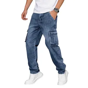 Men'S Casual Work Jeans with a Loose Fit And Straight Legs, Made from Elastic Denim for Comfort And Relaxation. These Heavy-Duty, Washed Classic Western Jeans Come in a Retro Blue Color, Feature Multiple Designer Pockets