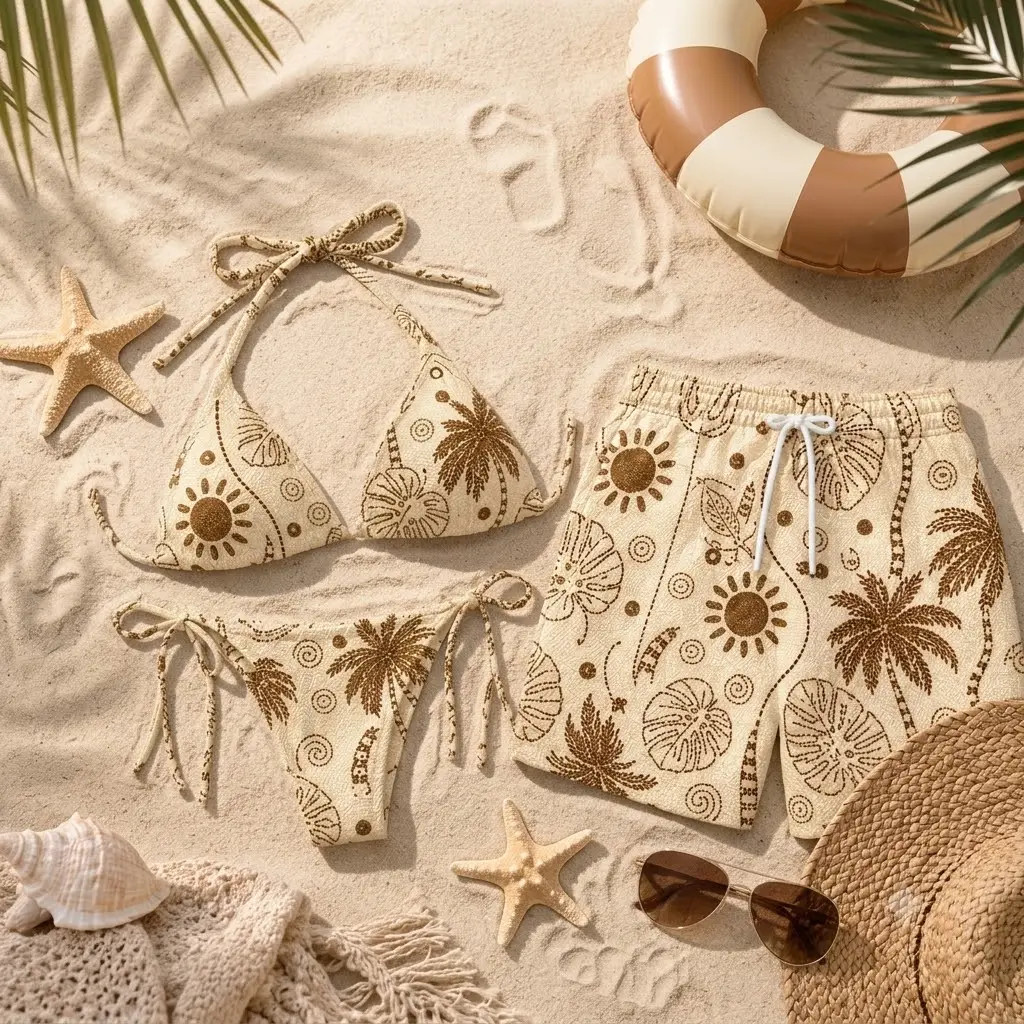 Matching couple's swimwear: a tropical-print triangle bikini and men's swim shorts.