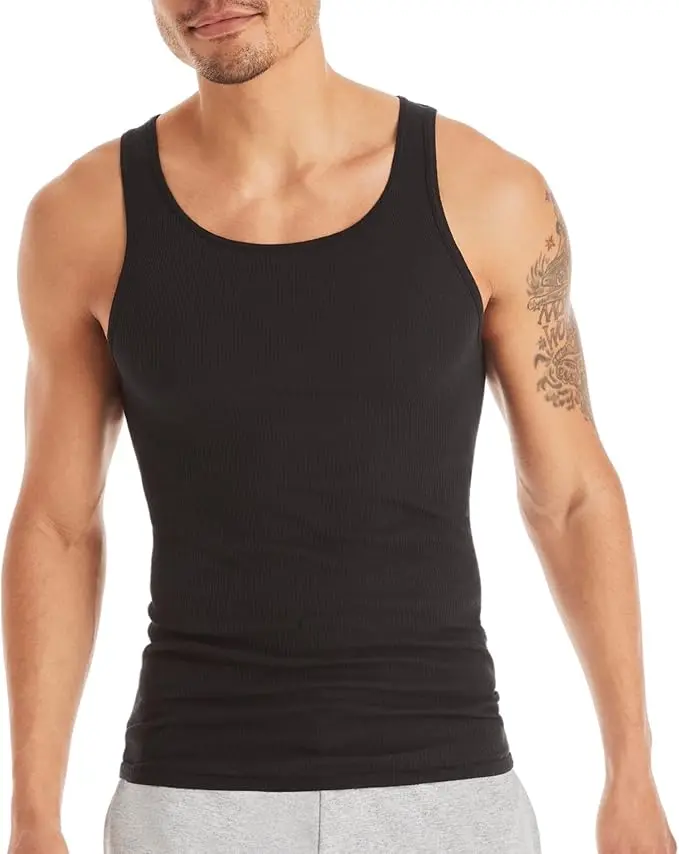 Hanes Men's Ribbed Cotton Tank Undershirts, Lightweight Moisture-Wicking Vests for Cool Comfort, Casual 6 Pack, Fabric, Menswear, Soft, Sleeveless, Plain