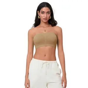 Women Ladies Female Chest Wrap Bra, Solid Color Crop Removable Padded Top, Stretchy Seamless Bandeau Tube Wild Fashion Tops Beige