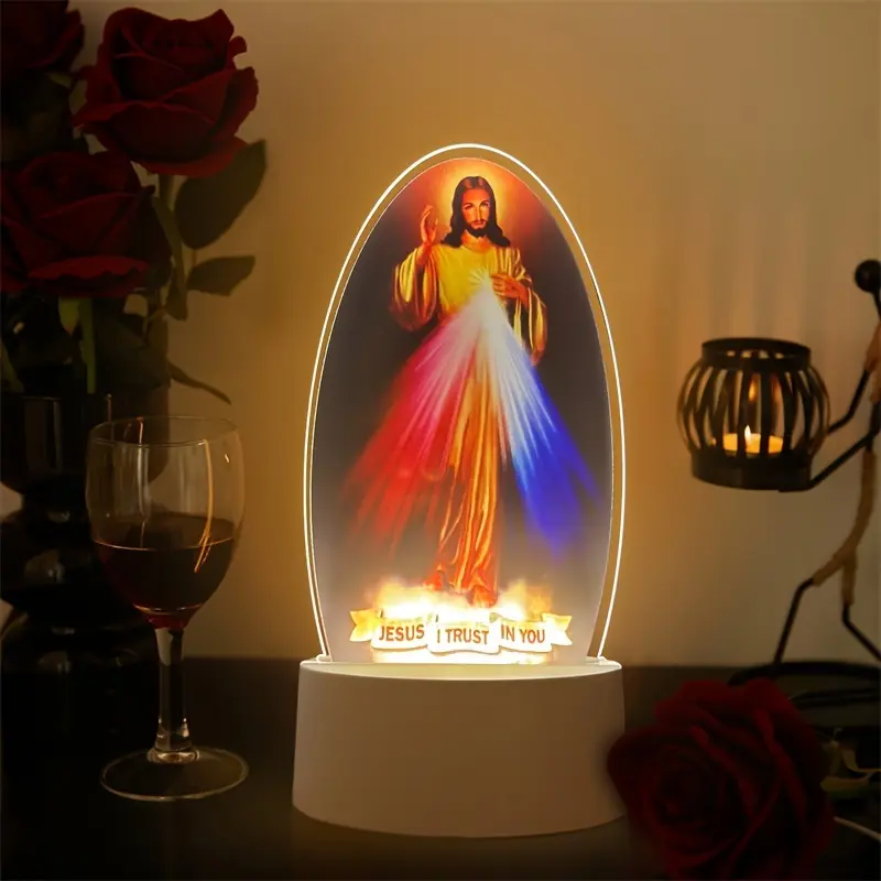 1pc 3D Jesus Engraved Figure Night Light with Acrylic Frame, USB-Powered Religious Home Decor, Colorful Illumination Church Souvenir Ornament, Ideal for Prayer & Meditation