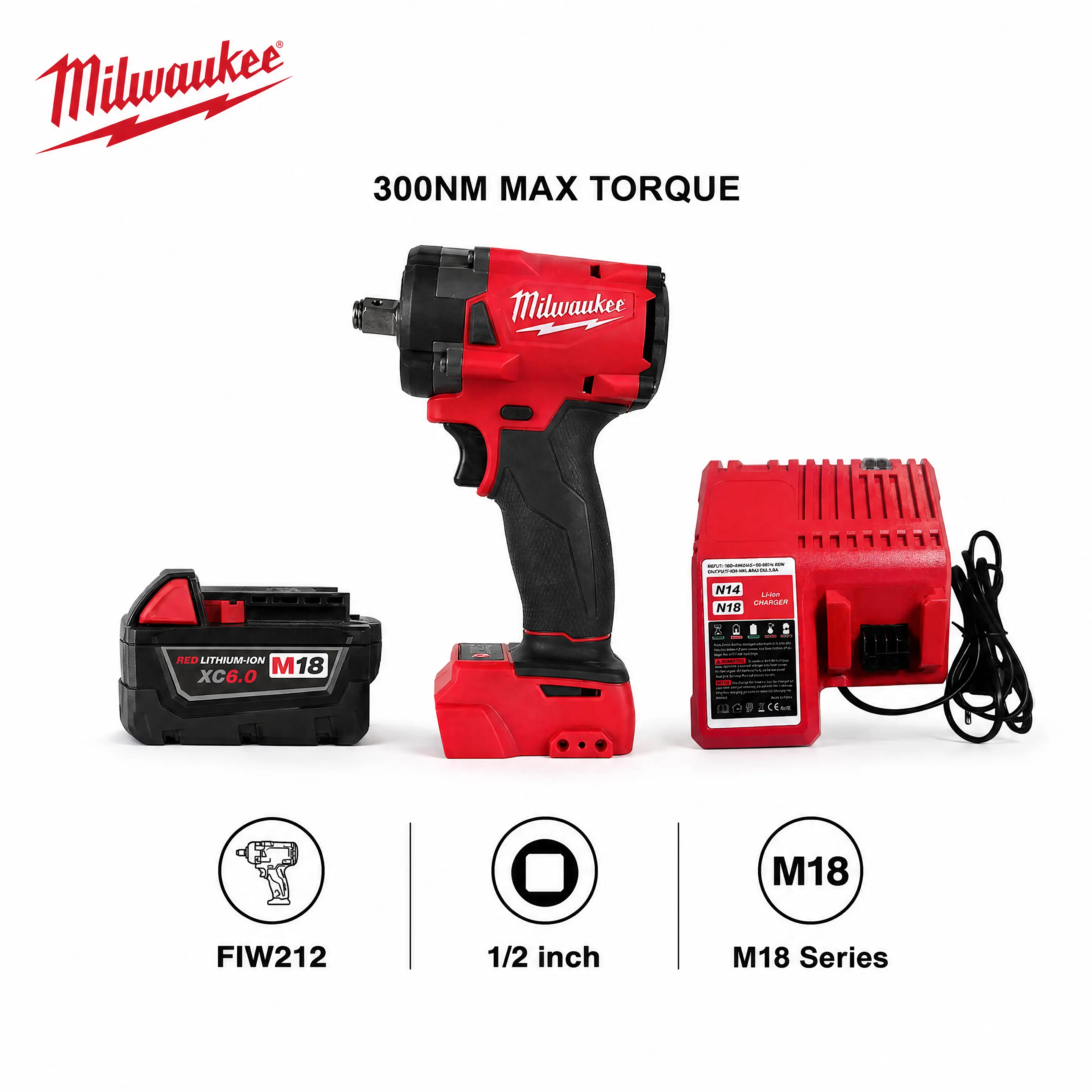 Milwaukee M18 FIW212 18V Cordless 1/2 Inch Compact Impact Wrench Kit with XC6.0 Battery 339Nm Torque 4-Mode Drive Control Electric Power Tool for Automotive Repair Machinery Maintenance Assembly Workshop