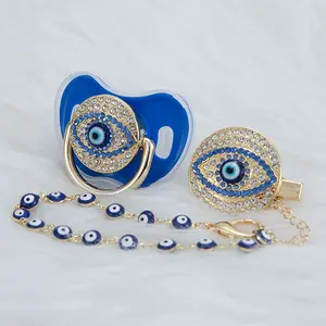 MIYOCAR Luxury Evil Eye Baby Pacifier with Crystal Rhinestones and Chain Clip – Stylish & Protective Baby Accessory